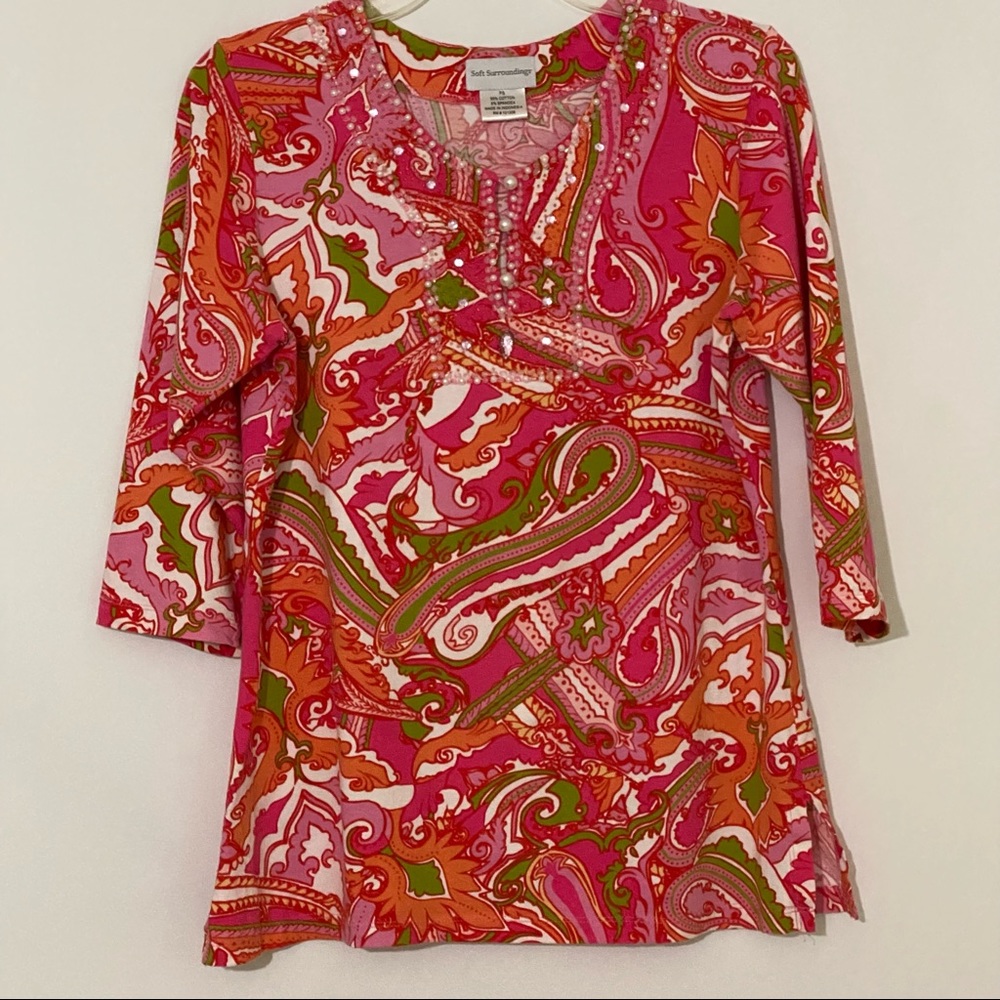 Soft Surroundings Petite Small 3/4 Sleeve Pullover Top Beading Vibrant Colorful